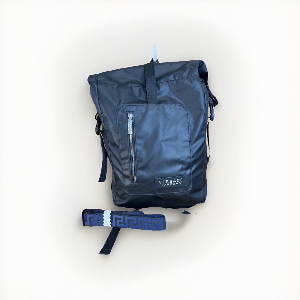 Versace Parfums Black‎ Blue Nylon Roll-Top Backpack Greek Key Straps Promotional